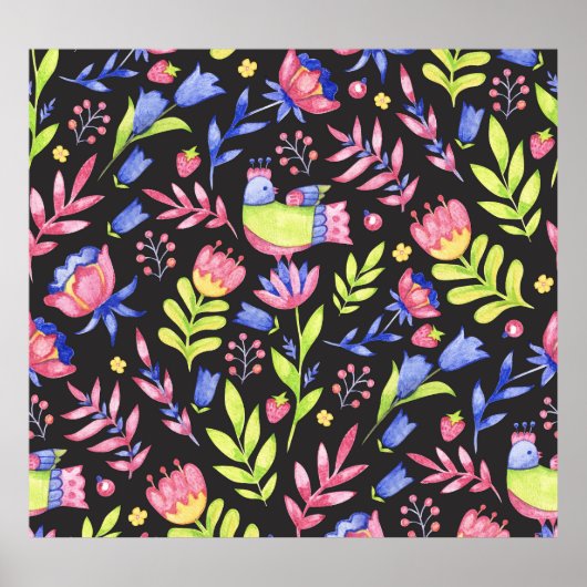 春フローラ：水彩シームレスパターン ポスター (正面)