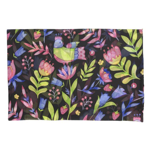 春フローラ：水彩シームレスパターン 枕カバー (正面)