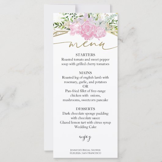 春ブライダルシャワーメニューカード金箔ワイルドフラワー (正面)