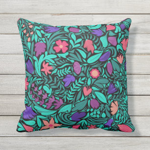 春ブラックフラワー葉ズイラストレーションパターン アウトドアクッション