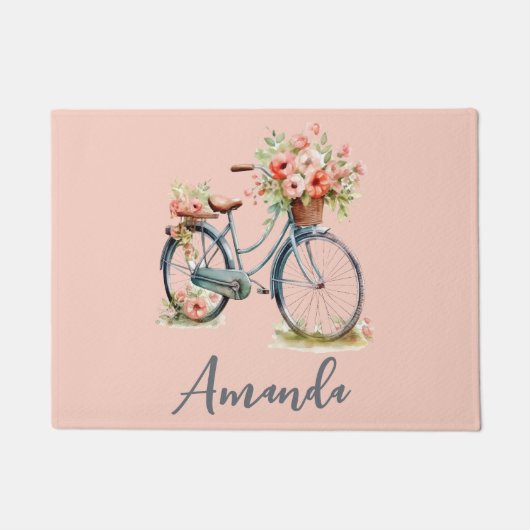 春ブルー自転車の花オン淡い色のピンク ドアマット (正面)