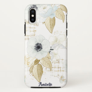 春ブルー&ホワイトフラワーパターンモノグラム iPhone XSケース