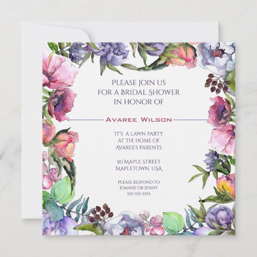 春ブーケウォーターカラーブライダルシャワー 招待状 (正面)