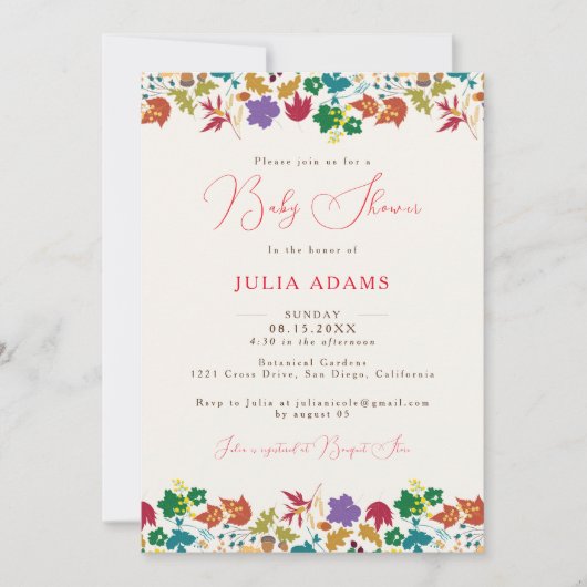 春マスタードイエローパープルフラワーベビーシャワー 招待状 (正面)