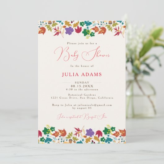 春マスタードイエローパープルフラワーベビーシャワー 招待状 (スタンド正面)