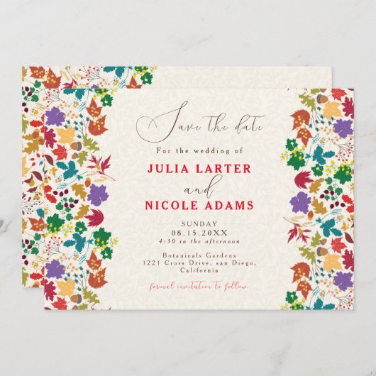 春マスタードイエローパープルメドウフラワー結婚ズ セーブザデート (正面/裏面)