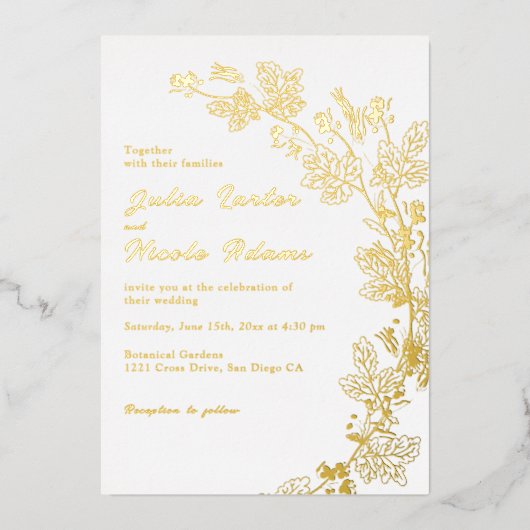 春マスタードイエローパープルメドウフラワー結婚ズ 箔招待状 (正面)