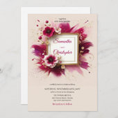 春マゼンタの花フェイクと金ゴールドフレ結婚ーム 招待状 (正面/裏面)