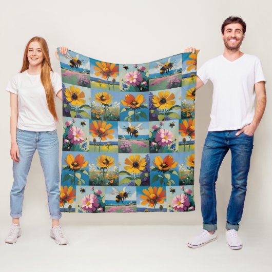 春ミツバチとワイルドフラワーパッチワーク フリースブランケット (インサイチュ)