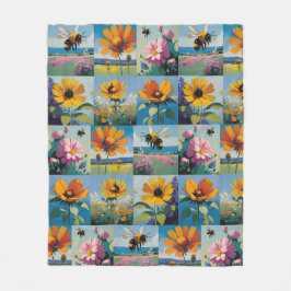 春ミツバチとワイルドフラワーパッチワーク フリースブランケット