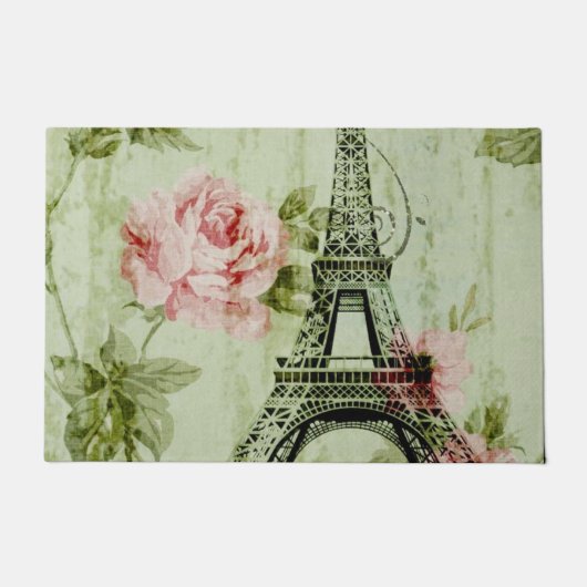 春ミントピンクフローラパフランスのリエッフェルタワー ドアマット (正面)