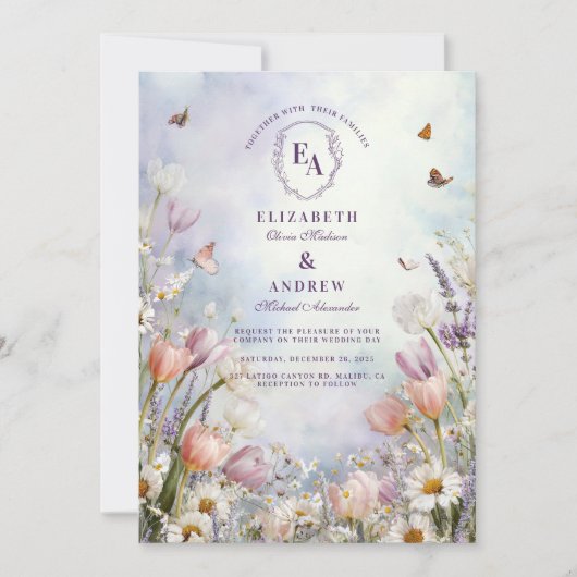 春メドウワイルドフラワーバタフライ結婚ズ 招待状 (正面)