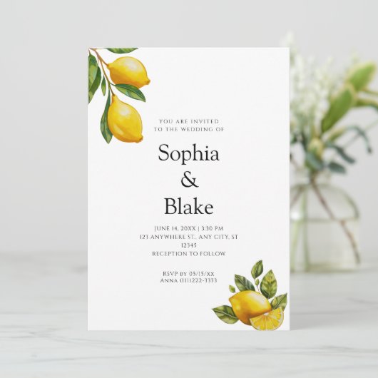 春モダンをテーマにしたレモンシトラスホワイト結婚ズ 招待状 (スタンド正面)
