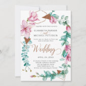 春モダンピンクミントマグノリアリース結婚ズ 招待状 (正面)