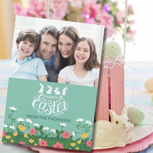 春モダンワイルドフラワーハッピーイースターファミリー写真 シーズンカード