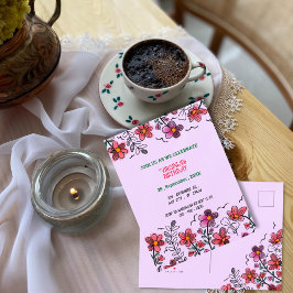 春ユニークレッドドードルフラワーズ誕生日 インビテーションポストカード