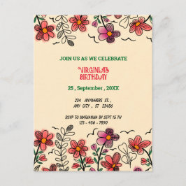 春ユニークレッドドードルフラワーズ誕生日 インビテーションポストカード