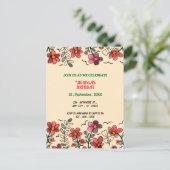 春ユニークレッドドードルフラワーズ誕生日 インビテーションポストカード (スタンド正面)