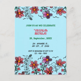 春ユニークレッドドードルフラワーズ誕生日 インビテーションポストカード