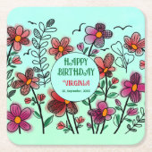 春ユニークレッドドードルフラワーズ誕生日 スクエアペーパーコースター (正面)