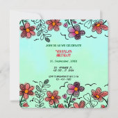 春ユニークレッドドードルフラワーズ誕生日 招待状 (正面)