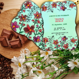 春ユニークレッドドードルフラワーズ誕生日 招待状