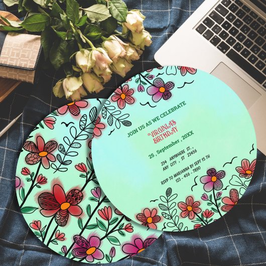 春ユニークレッドドードルフラワーズ誕生日 招待状