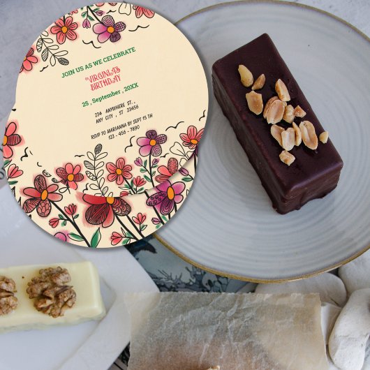 春ユニークレッドドードルフラワーズ誕生日 招待状