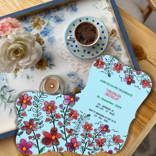 春ユニークレッドドードルフラワーズ誕生日 招待状
