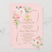 春ユニーク赤面フローラ金ゴールド聖餐式 招待状 (正面/裏面)