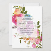 春ラッシュ |モダン植物性ピンク結婚の花 招待状 (正面)