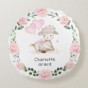 春ラムピンクフローラリースベビーガール子供部屋 ラウンドクッション