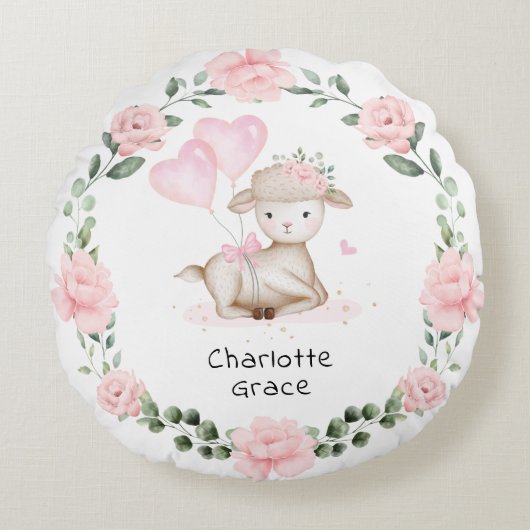 春ラムピンクフローラリースベビーガール子供部屋 ラウンドクッション (正面)