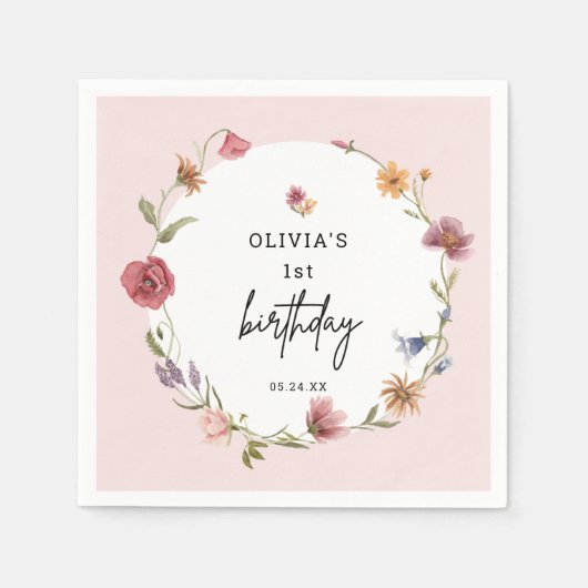 春リトルワイルドフラワーガール1st誕生日パーティー スタンダードカクテルナプキン (正面)