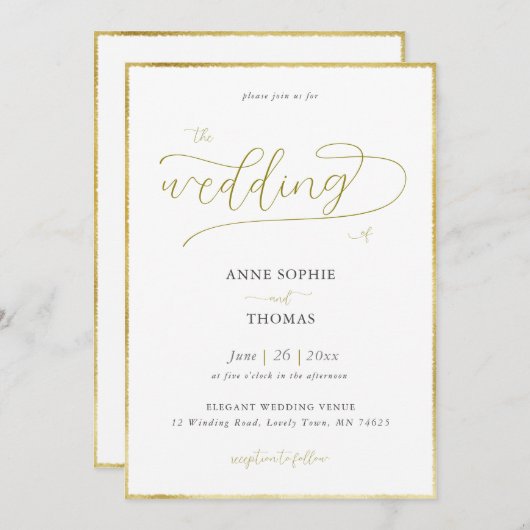 春リリーの谷の金ゴールド書道結婚の 招待状 (正面/裏面)