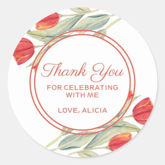 春レッドチューリップスタイリッシュフローラ誕生日ありがとう ラウンドシール (正面)