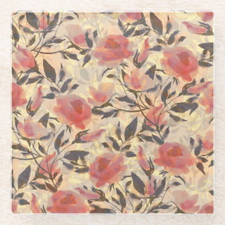 春ワイルドバラ：水色パターン。 ガラスコースター