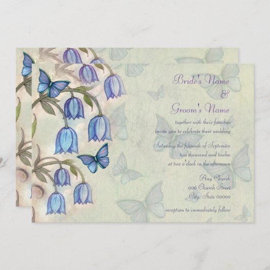 春ワイルドフラワーと青結婚蝶 招待状 (正面/裏面)