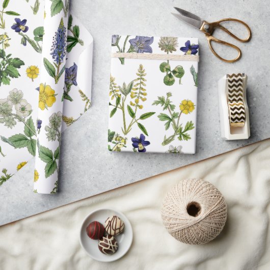 春ワイルドフラワーイエローとパープルフローラ ラッピングペーパー (クラフト)