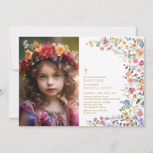 春ワイルドフラワーガーデンガールバプテスマ写真 招待状 (正面)