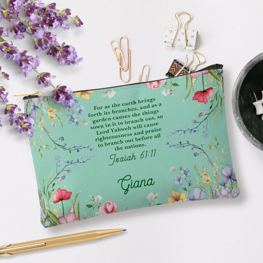春ワイルドフラワーガーデンバイブルパーソナライズされた詩 アクセサリーポーチ
