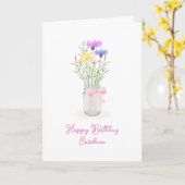 春ワイルドフラワーズインメイスンジャー花瓶ガール誕生日 カード (黄色い花)