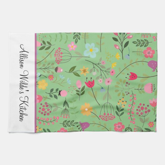 春ワイルドフラワーズ花模様オンパーソナライズされたセージ キッチンタオル (横)