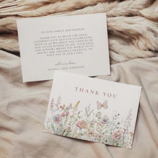 春ワイルドフラワーフィールドバタフライベビーシャワー サンキューカード