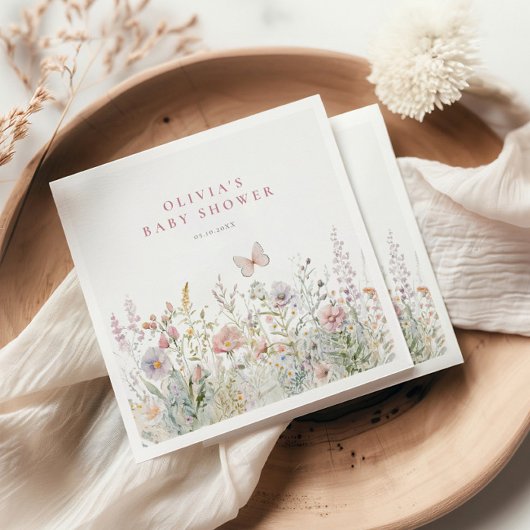 春ワイルドフラワーフィールドバタフライベビーシャワー スタンダードカクテルナプキン
