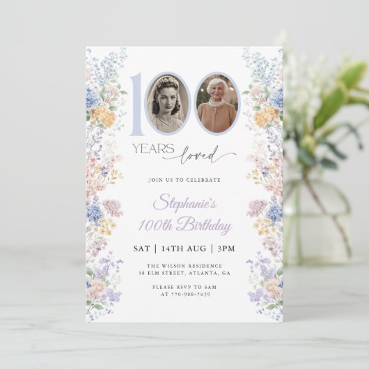 春ワイルドフラワーフォト100誕生日 招待状 (スタンド正面)