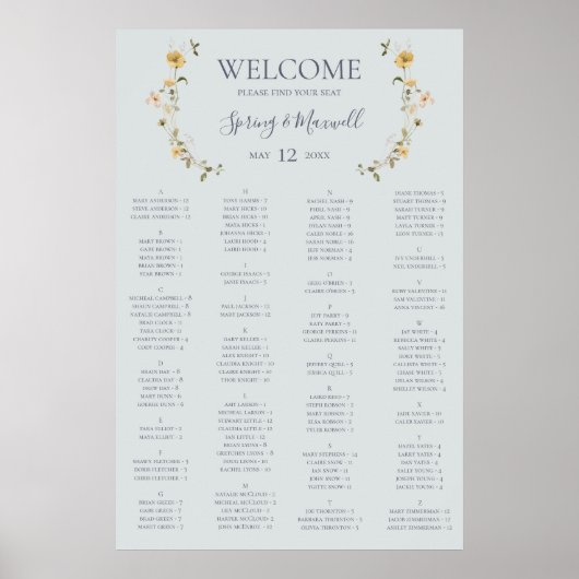 春ワイルドフラワーブルーのアルファベット順シーティングチャート ポスター (正面)