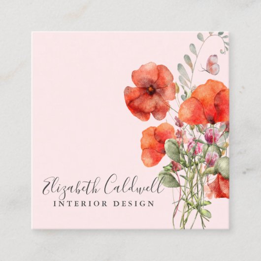 春ワイルドフラワーポピーパーソナライズされたフローラ スクエア名刺 (正面)