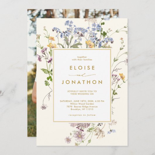 春ワイルドフラワーメドーガーデン写真結婚金ゴールド 招待状 (正面/裏面)