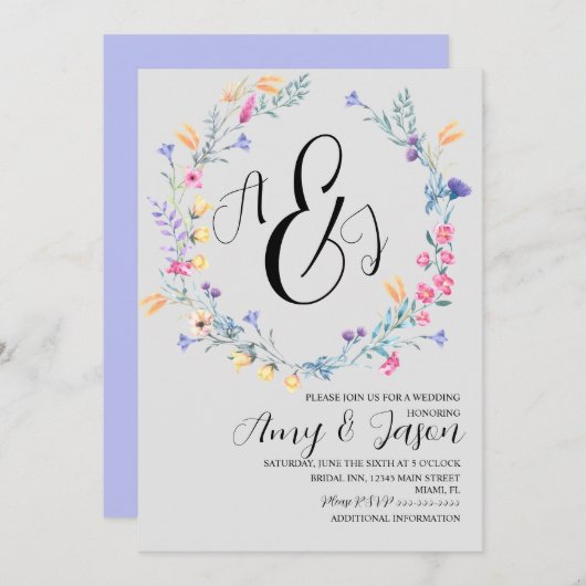 春ワイルドフラワーリースパステルパープルグレイ 招待状 (正面/裏面)
